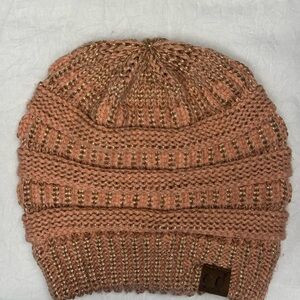 C.C Knit Beanie in Peach/Pink with Gold Accent